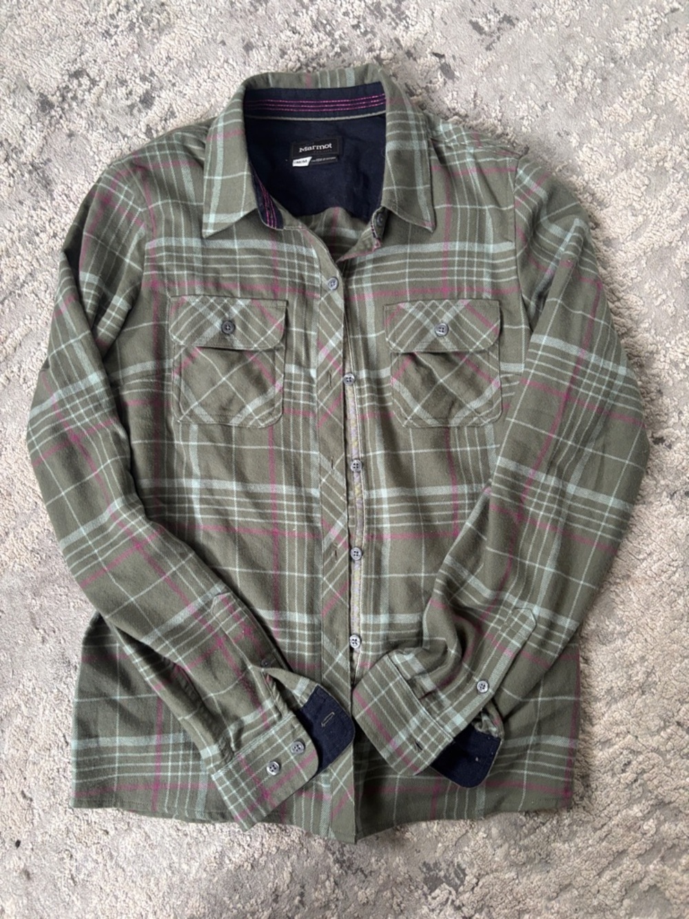 Marmot Olive Green & Pink Plaid Flannel Shirt - Picture 2 of 3